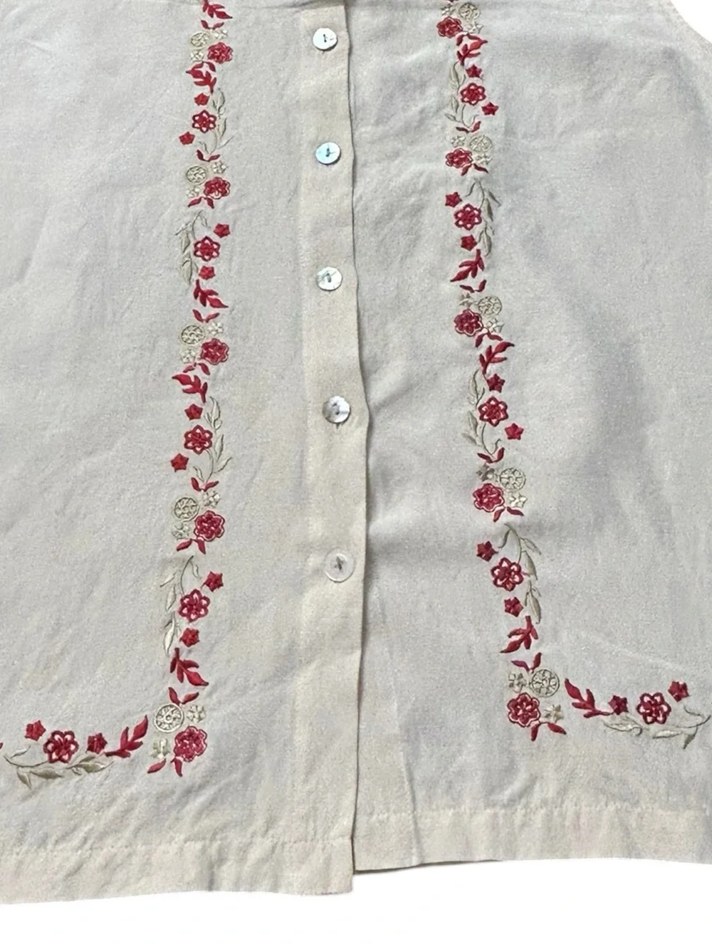 California Style Women’s Ivory Floral Silk Embroidered Bohemian Blouse SZ M EUC - Picture 5 of 12